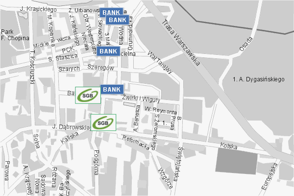 Mapa ( Plan ) Konina. Warstwa Bankowa Konin. Konin - Wielkopolska.  
  
   Warstwa bankowa prezentuje wybrane lokalizacje koniskich bankw w postaci umieszczonego znaku graficznego BANK. Po najechaniu kursorem myszy na znak graficzny pojawia si nazwa i adres lokalizowanego banku (IE), a po klikniciu w niektre loga otwiera dodatkowe okienko z opisem banku i danymi teleadresowymi. Mapa wykonana jest w skali 1:10 000 - warstwa bankowa.

Konin - warstwa bankowa ( BANK ) Internetowego Planu Konina serwisu Cyber Wielkopolska.