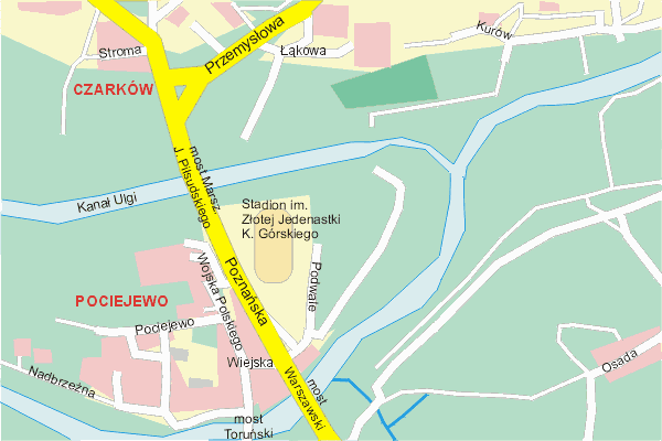 Mapa ( Plan ) Konina. Warstwa gwna. Konin - Wielkopolska.    
   Warstwa gwna prezentuje ukad ulic Konina, oraz okolicznych miejscowoci. Zaznaczono: gwne trasy komunikacyjne, trasy przelotowe Konina, jeziora, rzeki, trasy kolejowe, tereny zielone, przemysowe i zarysy zabudowa. Mapa wykonana jest w skali 1:10 000 - warstwa podstawowa oraz w wikszych skalach.

Konin - warstwa gwna Internetowego Planu Konina serwisu Cyber Wielkopolska.