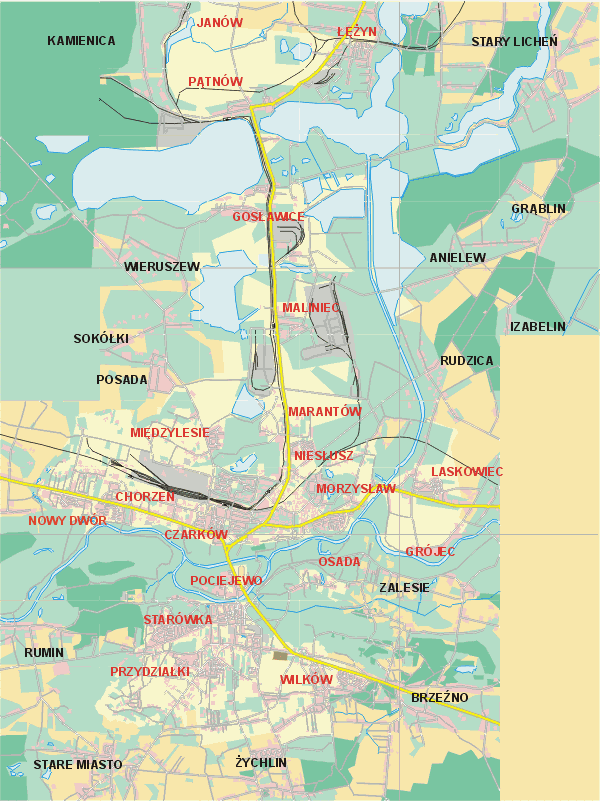 Mapa ( Plan ) Konina. Warstwa gwna. Konin - Wielkopolska.    
   Warstwa gwna prezentuje ukad ulic Konina, oraz okolicznych miejscowoci. Zaznaczono: gwne trasy komunikacyjne, trasy przelotowe Konina, jeziora, rzeki, trasy kolejowe, tereny zielone, przemysowe i zarysy zabudowa. Mapa wykonana jest w skali 1:10 000 - warstwa podstawowa oraz w wikszych skalach.

Konin - warstwa gwna Internetowego Planu Konina serwisu Cyber Wielkopolska.