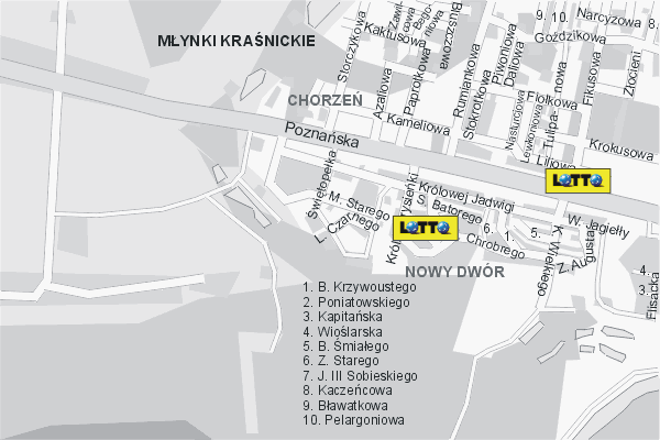 Mapa ( Plan ) Konina. Lokalizacje LOTTO Konin. Konin - Wielkopolska.  
  
   Warstwa LOTTO prezentuje lokalizacje koniskich lottomatw w postaci umieszczonego znaku graficznego LOTTO. Po najechaniu kursorem myszy na znak graficzny pojawia si nazwa i adres lokalizowanego lottomatu (IE), a po klikniciu w niektre loga otwiera dodatkowe okienko z opisem kolektury, danymi teleadresowymi i godzinami otwarcia. Mapa wykonana jest w skali 1:10 000 - warstwa LOTTO.

Konin - lokalizacje lottomatw ( LOTTO ) Internetowego Planu Konina serwisu Cyber Wielkopolska.